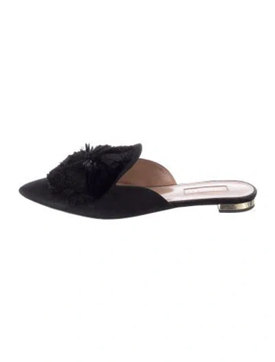 Pre-owned Aquazzura Suede Pom-pom Embellishments Mules In Blue