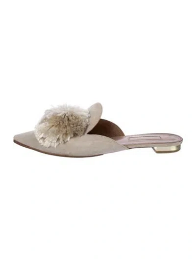 Pre-owned Aquazzura Suede Pom-pom Embellishments Mules In Gray