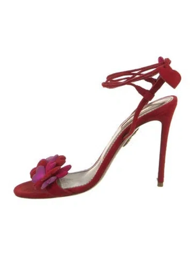 Pre-owned Aquazzura Suede Pom-pom Embellishments Sandals In Red