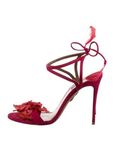 Pre-owned Aquazzura Suede Pom-pom Embellishments Sandals In Red