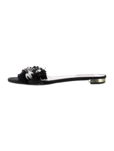 Pre-owned Aquazzura Suede Pom-pom Embellishments Slides In Black