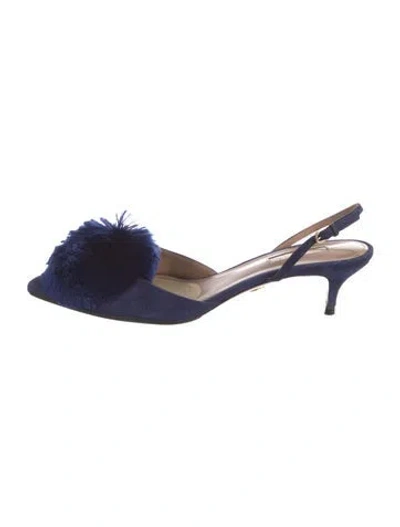 Pre-owned Aquazzura Suede Pom-pom Embellishments Slingback Flats In Blue