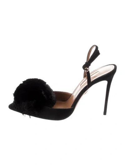 Pre-owned Aquazzura Suede Pom-pom Embellishments Slingback Pumps In Black