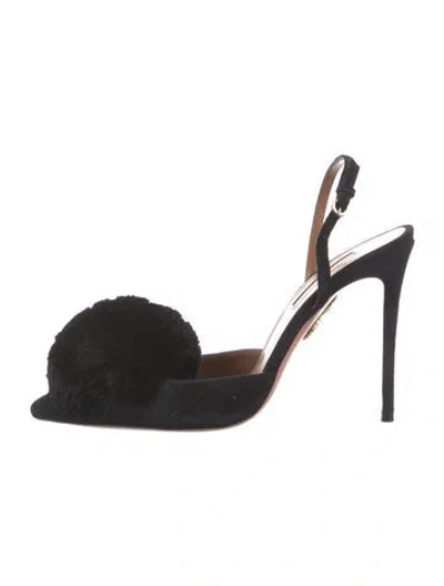 Pre-owned Aquazzura Suede Pom-pom Embellishments Slingback Pumps In Black