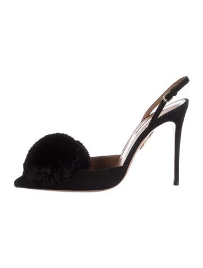 Pre-owned Aquazzura Suede Pom-pom Embellishments Slingback Pumps In Black