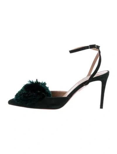 Pre-owned Aquazzura Suede Pom-pom Embellishments Slingback Pumps In Green