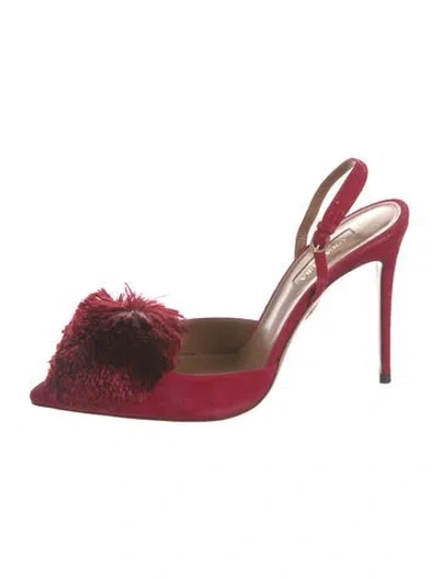 Pre-owned Aquazzura Suede Pom-pom Embellishments Slingback Pumps In Red
