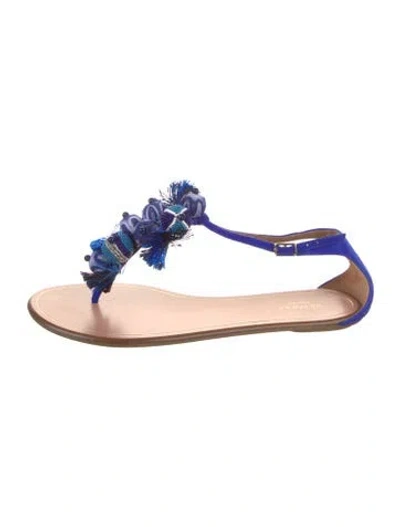 Pre-owned Aquazzura Suede Pom-pom Embellishments T-strap Sandals In Black