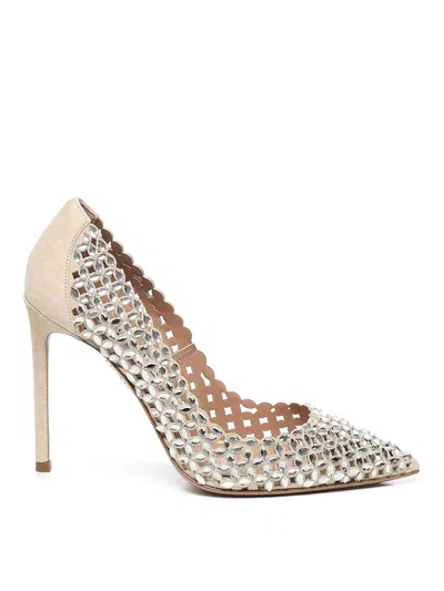 Aquazzura Suede Pumps With Crystals In Nude