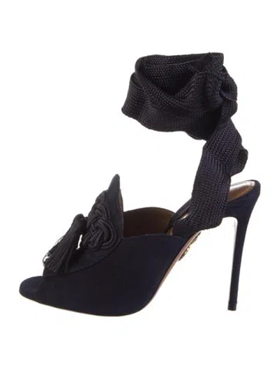 Pre-owned Aquazzura Suede Tassel Accents Mules In Blue