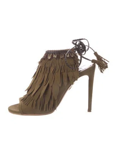 Pre-owned Aquazzura Suede Tassel Accents Mules In Green