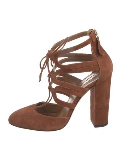 Pre-owned Aquazzura Suede T-strap Pumps In Brown