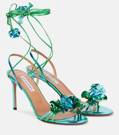 Aquazzura Summer Sun 85 Metallic Leather Sandals In Blue
