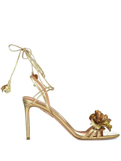 Aquazzura Summer Sun Flower-embellished Lace-up Sandals In Gold