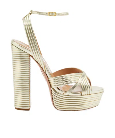 Aquazzura Sundance 140 Metallic Leather Platform Sandals In Nude