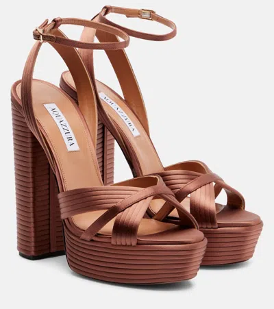 Aquazzura Sundance Satin Platform Sandals Block Heel In Brown