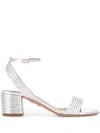 Aquazzura Sundance 50mm Metallic Leather Block-heel Sandals In Silver