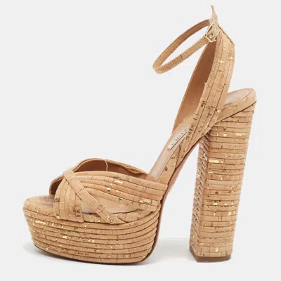 Pre-owned Aquazzura Sundance Size 37 Beige Cork Platform Ankle Strap Sandals