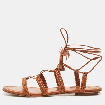 Pre-owned Aquazzura Tan Leather Braided Stromboli Flat Sandals Size 36.5