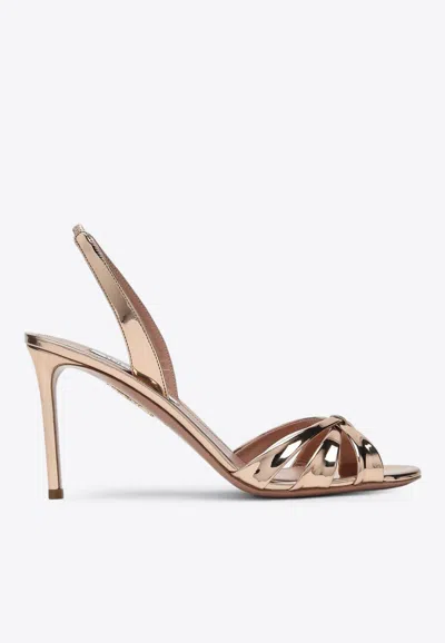 Aquazzura Tati 85 Metallic Leather Crossover Sandals