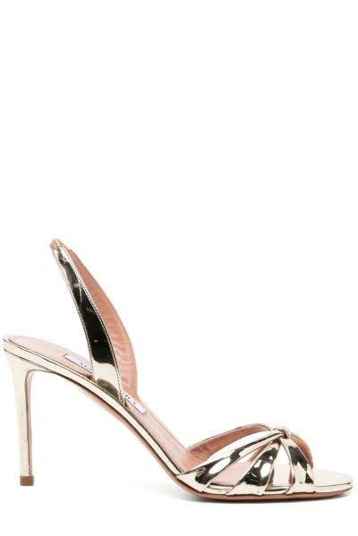 Aquazzura Tati 85 Metallic Leather Crossover Sandals In Grey