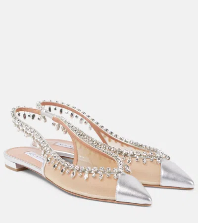 Aquazzura Temptation Crystal Mesh Slingback Flats In Silver