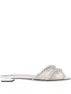 Aquazzura Temptation Crystal-embellished Mesh-trimmed Metallic Leather Slides In Silver