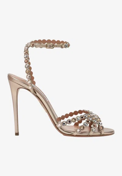 Aquazzura Tequila 105 Crystal Embellished Metallic Sandals In Blue