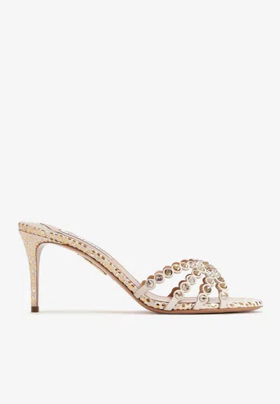 Aquazzura Tequila 75 Crystal Embellished Mules In White