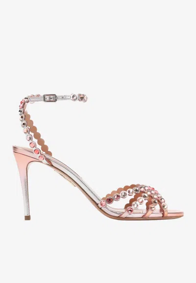 Aquazzura Tequila 85 Crystal Embellished Leather Sandal In Metallic