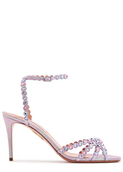 Aquazzura Tequila 85 Crystal-embellished Metallic Leather Sandals In Pink