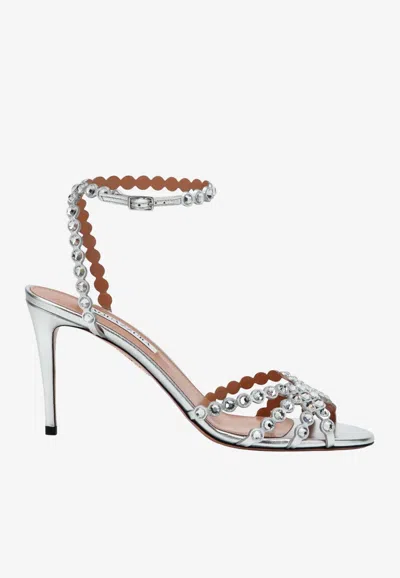 Aquazzura Tequila 85 Crystal Embellished Sandals In Metallic Leather In Multi