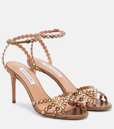 Aquazzura Womens Dark Brown Tequila 85 Crystal-embellished Leather Heeled Sandals
