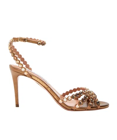 Aquazzura Tequila 85 Embellished Metallic Leather Sandals In Gold