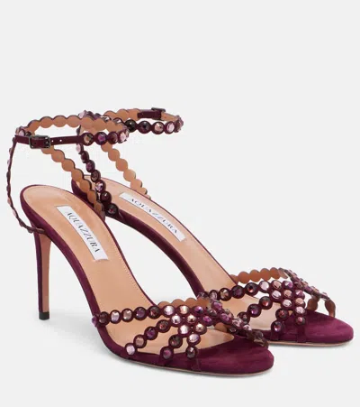 Aquazzura Tequila 85 Embellished Suede Sandals In Purple