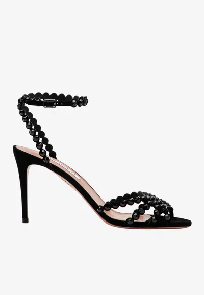 Aquazzura Tequila 85 Sandals In Suede With Crystals In Black