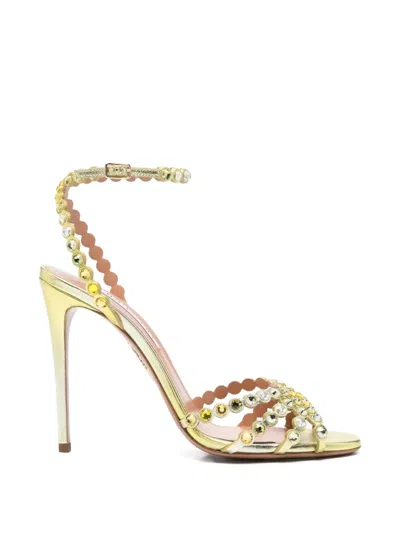 Aquazzura Tequila 105 Crystal-embellished Metallic Leather Sandals In Yellow