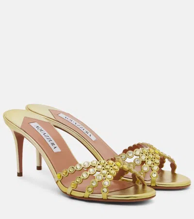 Aquazzura Tequila Embellished Leather Mules In Yellow