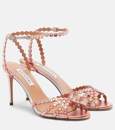 Aquazzura Tequila 85 Crystal Embellished Leather Sandal In Metallic