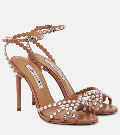 Aquazzura Tequila 105 Crystal-embellished Leather Sandals In Brown