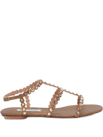 Aquazzura Tequila Flat Sandal Ankle Strap Metallic In Neutral