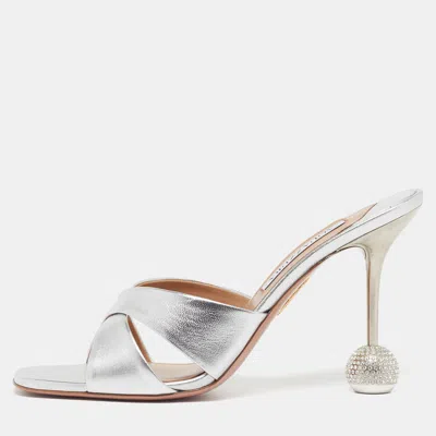 Pre-owned Aquazzura Tes Darling Size 41 Silver Leather Slide Sandals