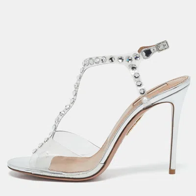 Pre-owned Aquazzura Transparent Pvc And Leather Crystal Embellished Shine Sandals Size 39