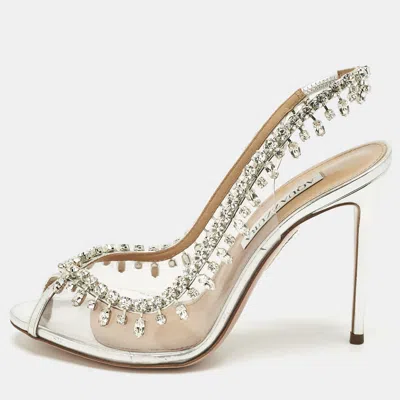 Pre-owned Aquazzura Transparent/silver Patent Leather And Pvc Temptation Slingback Sandals Size 36.5