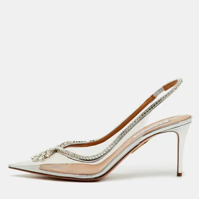 Pre-owned Aquazzura Transparent/silver Pvc And Leather Seduction Crystal Slingback Pumps Size 39.5