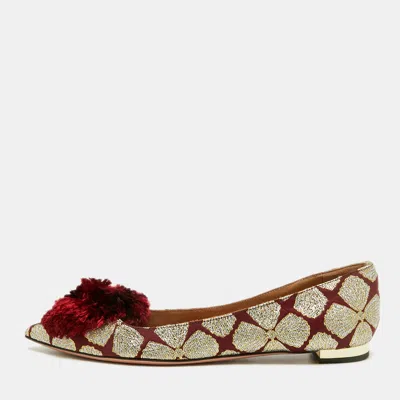 Pre-owned Aquazzura Tropicana Pom Pom Size 37.5 Burgundy/gold Brocade Fabric Ballet Flats