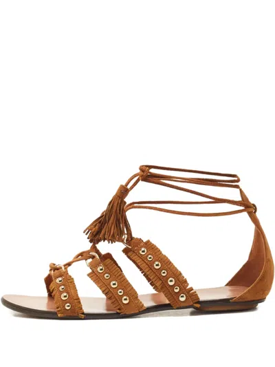 Pre-owned Aquazzura Tulum Studded-fringe Sandals In Brown