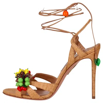 Pre-owned Aquazzura Tutti Frutti 105 Paglia Sandals With Glass Beads In Brown