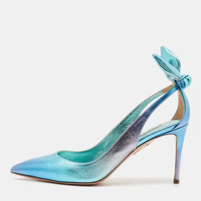 Pre-owned Aquazzura Two Tone Leather Bow Tie Pumps Size 37.5 In Silver