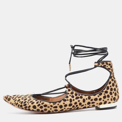 Aquazzura Two Tone Leopard Print Calf Hair Sunshine Ankle Tie Flats In Brown